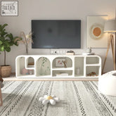White modern media console kure cabinet with curved cutouts and open shelving for stylish storage