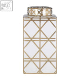 Kya small ceramic jar with sleek rectangular shape gold geometric lattice pattern and matching metallic lid