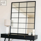 Kyō black metal rectangle lattice window mirror with black-framed grid design and multiple rectangular panes 120cm x 95cm