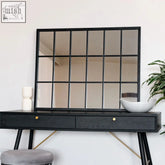 Black metal rectangle lattice window mirror with thin metal grid and reflective glass panels 90cm x 70cm