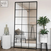 Kyō full length black metal rectangle lattice window mirror with black-framed grid and multiple rectangular panes