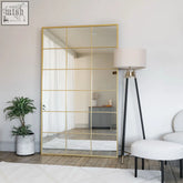 Kyō full length gold metal rectangle lattice grid mirror with multiple rectangular panes and sleek modern design