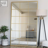 Kyō full length gold metal rectangle lattice grid mirror with multiple rectangular panes measuring 180cm x 90cm
