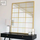 Kyō gold metal rectangle lattice grid mirror with multiple rectangular panes and a gold frame 120cm x 95cm