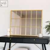 Gold metal rectangle lattice window mirror with multiple rectangular panes in a gold frame 90cm x 70cm
