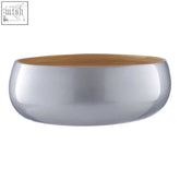 Medium silver bamboo bowl with shiny silver metallic exterior and natural bamboo interior for stylish serving