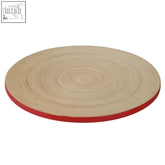 Circular wooden coaster with red placemat edge featuring spun bamboo and kyoto red concentric rings design
