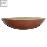 A sleek copper-toned kyoto round rose gold salad bowl with a smooth rim and natural wood finish top surface