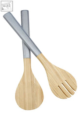 Kyoto silver salad servers with sleek silver salad shafts and light wood handles for easy serving