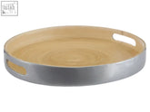 Round bamboo tray with sleek silver metal rim and side handles small silver tray for serving or decor
