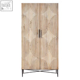 Tall kyra wardrobe made of light wood with geometric cutouts and black iron legs for stylish storage