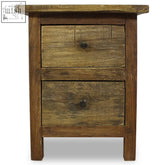 Rustic two-drawer nightstand made from solid mahogany wood with dark metal knobs and warm weathered finish