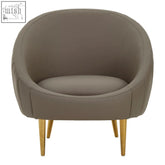 A sleek taupe upholstered lagero brown leather effect curved cocoon chair with cozy rounded shape and gold legs