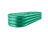 Green corrugated metal raised garden bed with ribbed oval design from land guard galvanized garden beds kit