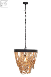 Black metal lapiz wood bead chandelier with cascading light-colored wooden beads and elegant bead chandelier design