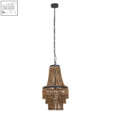 Lapiz wood chandelier with warm wooden beads and a rustic black iron frame perfect for cozy lighting