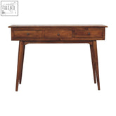 Large chestnut console chest of drawers in warm brown mango wood with three drawers and tapered legs for living rooms
