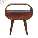 Large chestnut circular open bedside table with mid-century modern oval shape dark wood finish and tapered legs