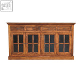 Warm-toned large glazed sideboard with four glass-paneled doors and three drawers in solid mango wood chestnut finish
