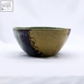 Large saltwater lavender handmade ceramic stoneware bowl with speckled olive green and deep brown glaze