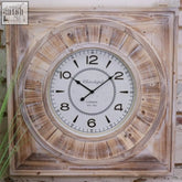 Large square wall clock 80cm with rustic weathered wood frame white face and black numerals and hands