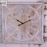 Large square wooden clock with distressed white finish roman numerals and black hands rustic square wooden clock