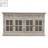 A large stone wash glazed rustic white wooden sideboard with four glass doors and three drawers on top