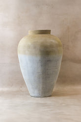 Large two tone neutral indonesian ceramic pot matte finish with pale beige to gray blue gradient and subtle texture