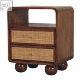 Dark wood larissa 2-drawer chest with rattan drawer fronts and rounded bun feet for stylish storage
