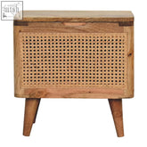 Larissa lid-up storage footstool with solid mango wood frame and woven rattan lid storage stool with tapered legs