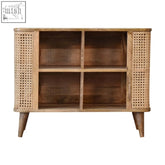 Rustic larissa open double chest of drawers with oak finish, mango wood, woven cane side panels, and tapered legs