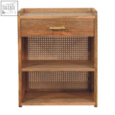 Rustic oak mango wood larissa t-bar open bedside table with single drawer and cane-woven panels featuring brass handle