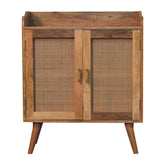 Larissa t-bar raised cabinet mid-century modern wooden cabinet with cane panel doors and tapered legs