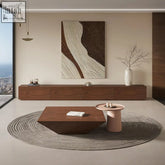 Modern geometric coffee table with dark walnut finish and angular design featured in lavone tv stand style