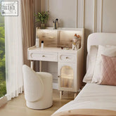 Beige layla slimline dressing table with translucent slatted back panel and two drawers in a small dressing setup