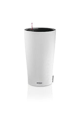 White lechuza cilindro color 32 ribbed plastic planter with black interior and red tipped water level indicator on top