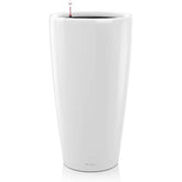 White high gloss lechuza rondo 32 self watering planter with a small red spout for indoor and outdoor use