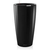 Black glossy high gloss lechuza rondo 32 self watering planter with red clear water level indicator and drainage hole