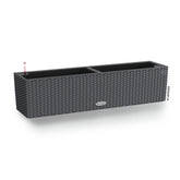 Black woven plastic watering plant pot balconera with two compartments and built-in self watering system