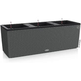 Dark gray woven plastic lechuza trio cottage 30 planter with three compartments hanging hooks and water level indicator