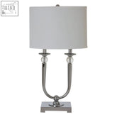Lene chrome table lamp with chrome finish white cylindrical shade and decorative glass beads on curved arms