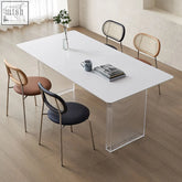 Modern leonie white dining table with transparent ribbed acrylic legs and minimalist design white dining table