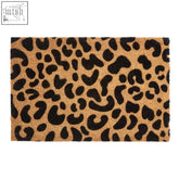 A tan and black leopard print coir doormat made of natural coir fibers perfect for outdoor use