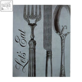 Silver-toned vintage style cutlery set wall plaque with ornate fork knife and spoon perfect for blue kitchen wall