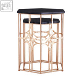 Hexagonal side table with black top and rose gold metal frame featuring intricate geometric lattice design lexa rose gold black set