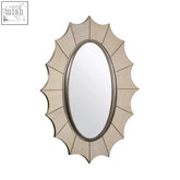 Beige sunburst-framed oval wall mirror with metallic silver border in lexina gold finish frame design