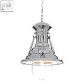 Chrome finished large lighthouse pendant light with clear glass bulb and chain suspension in industrial style