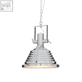 Lexington medium chrome pendant light with tiered conical shade and chain suspension in chrome finish industrial style