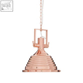 Lexington medium copper pendant light with a tiered ribbed rose gold shade in an industrial square frame hanging from chain