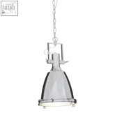 Lexington small chrome plain pendant light with chrome finish bell-shaped glass shade and metal frame in industrial style